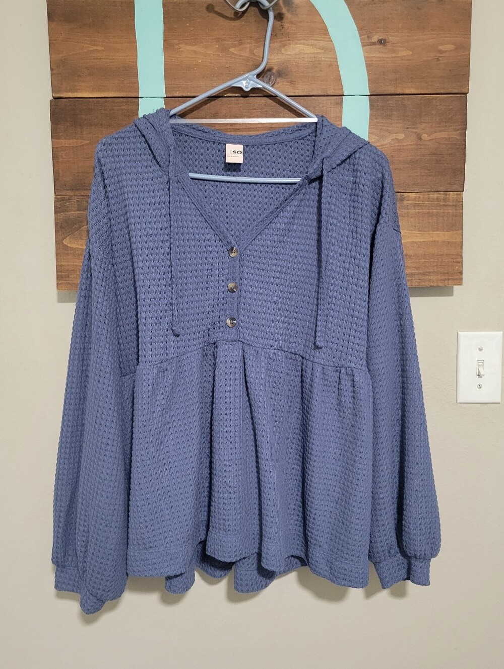 Bohemian Dusty Blue Waffle-Knit Hooded Relaxed Peplum Top Large